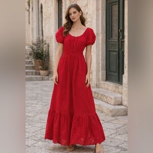 DD77 Cherry Red Eyelet Maxi Dress – 100% Crisp Cotton | Size Small pockets